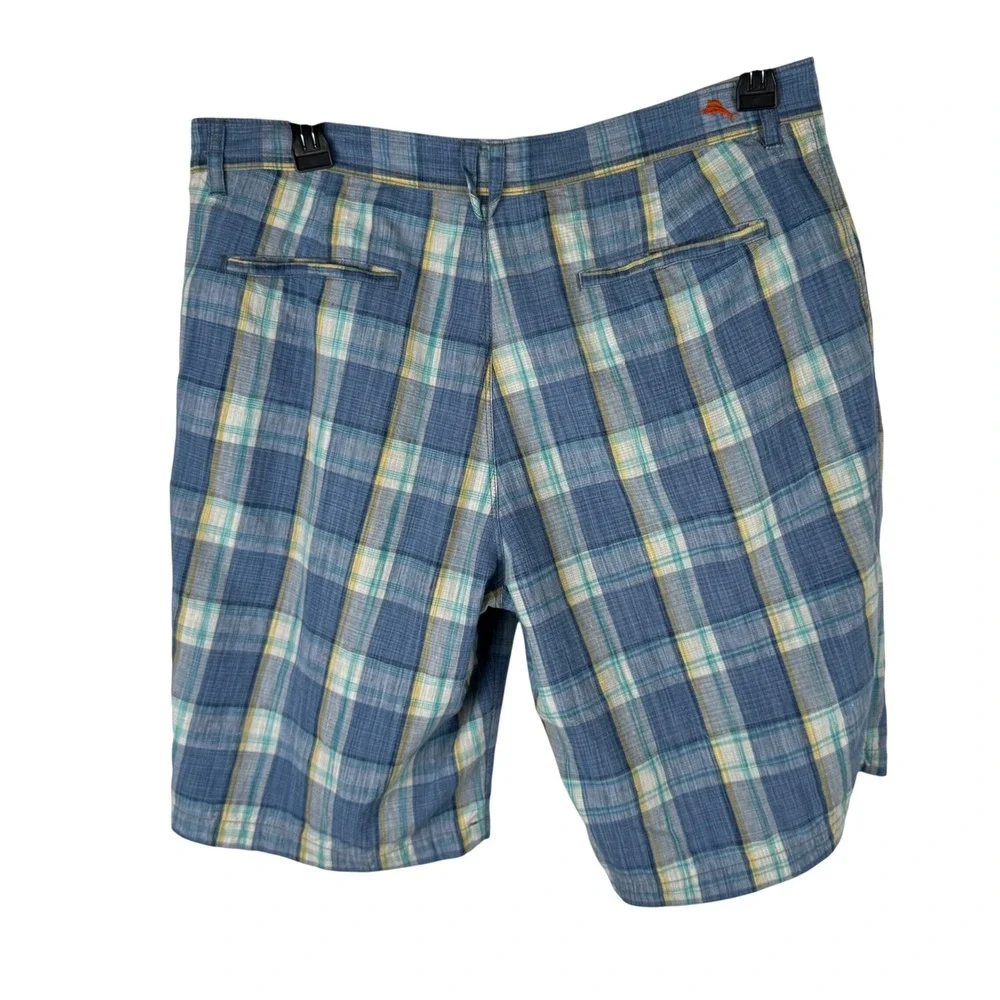 Tommy Bahama Mens Size 35 Beach Linen Silk Blend Plaid Shorts Blue Yellow Casual